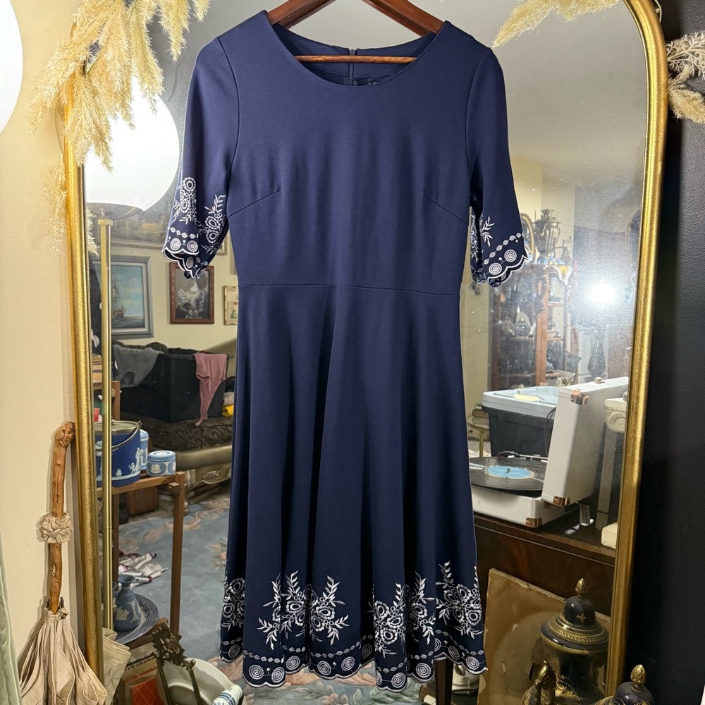 Miusol Women’s Navy and White Embroidered Aline Short Sleeve Midi Dress